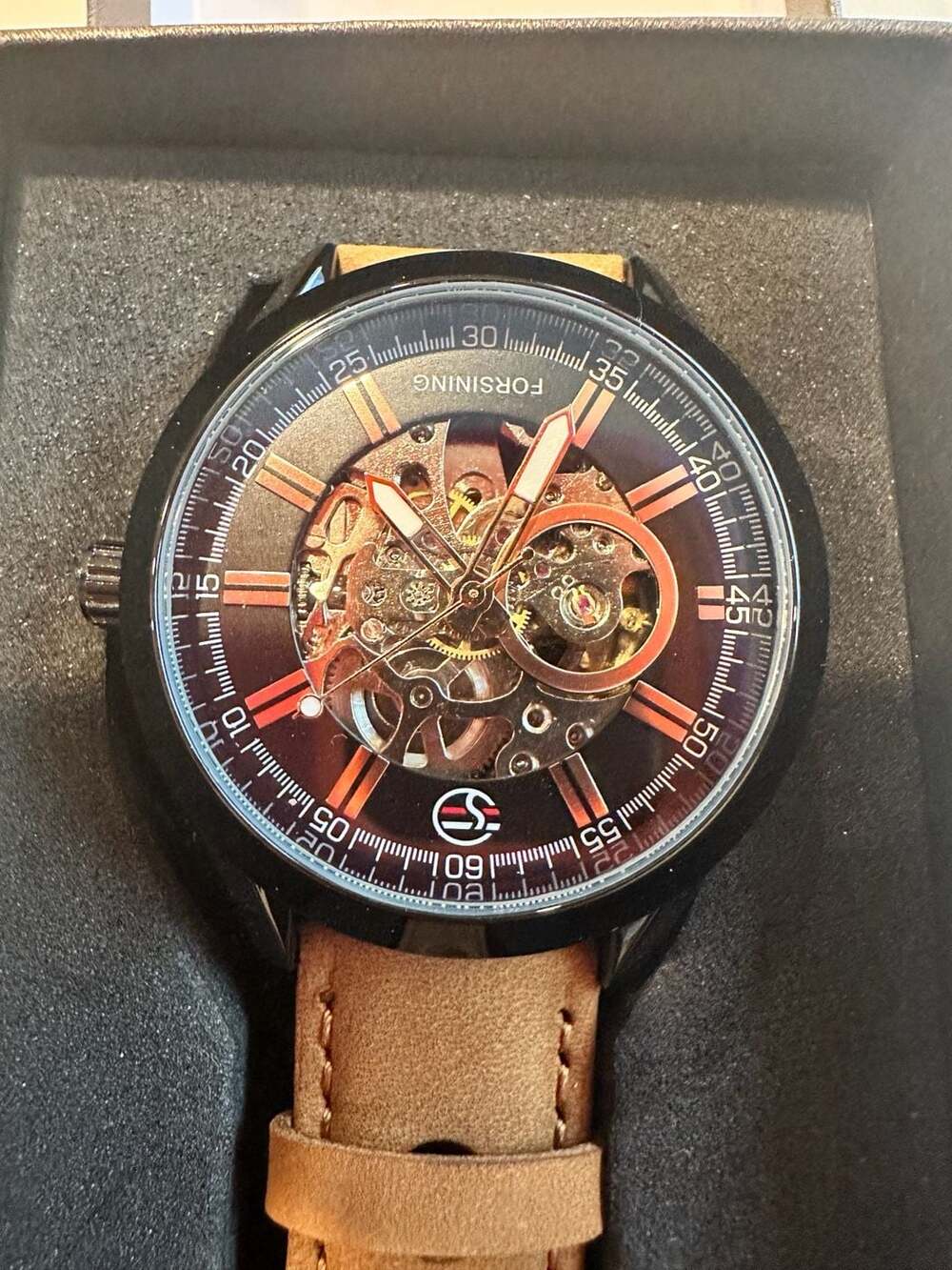 Forsining Mechanical Skeleton Watch Brown Leather Strap Black Case